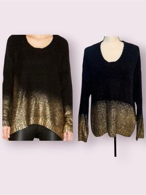 Bar 111 Knobby Knit Sweater Black & Metallic Gold Pullover Size Large